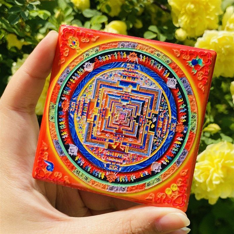 文创磁吸冰箱贴西藏手绘唐卡时轮金刚坛城桌面摆件小佛像背光
