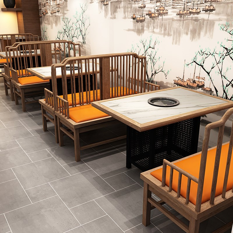 新中式湘菜馆商用双人卡座沙发定制 饭店茶餐厅餐饮靠墙桌椅组合
