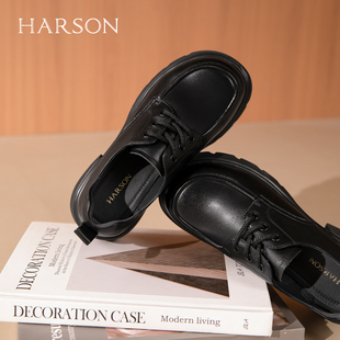 哈森2026新款黑色绑带牛皮厚底乐福鞋学院风jk皮鞋女HWS260178