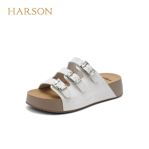 哈森2026新款厚底增高皮带扣露趾勃肯半拖外穿沙滩拖鞋女HM263602