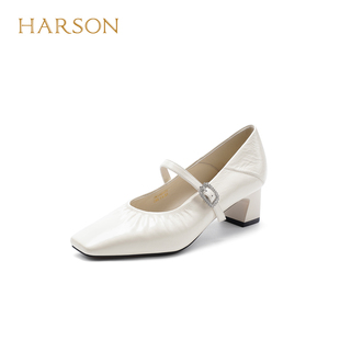 哈森2026新款方头褶皱一字带两穿高跟舒适玛丽珍鞋女HWS260176