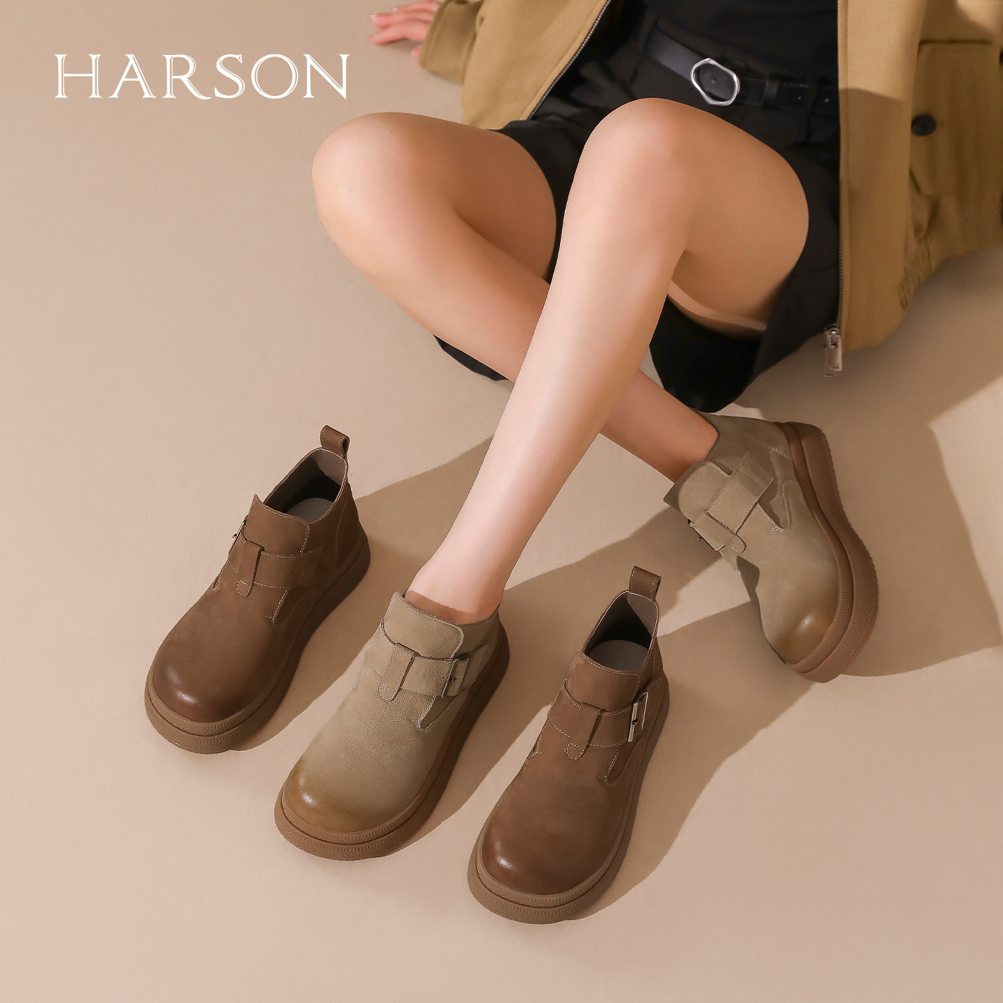 哈森真皮短靴2025冬季新款切尔西靴子女复古时装靴百搭HWA250141,女鞋,时装靴,淘宝优惠券,粉丝福利购,淘宝优惠卷