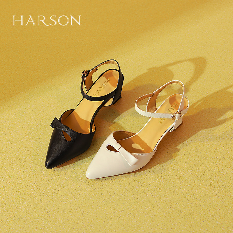 哈森夏季新款尖头牛皮包头粗高跟时装凉鞋一字带女鞋HWM24014