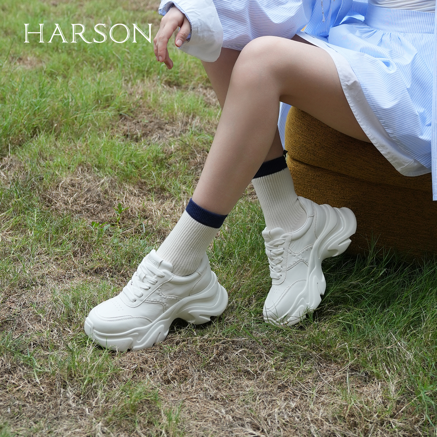 哈森真皮老爹鞋厚底休闲运动鞋牛皮革小白鞋增高25新款HWCL250109