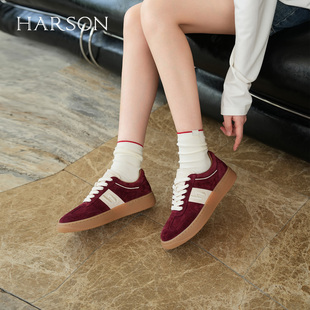 哈森复古德训鞋平底板鞋休闲运动鞋2025新款红色百搭HWCL250122