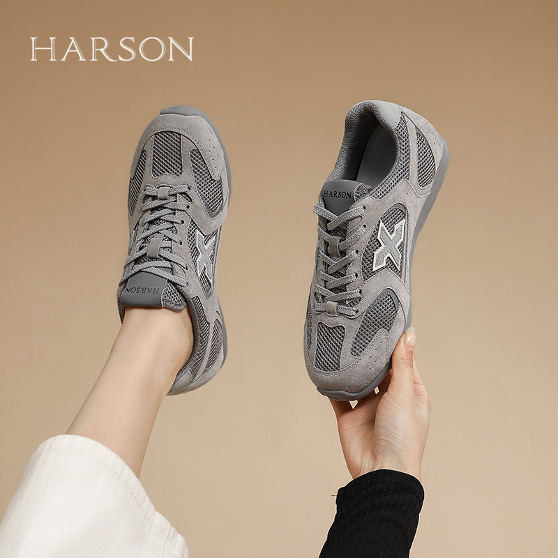 哈森复古运动风圆头网面透气休闲鞋女百搭舒适深口单鞋HWCS250