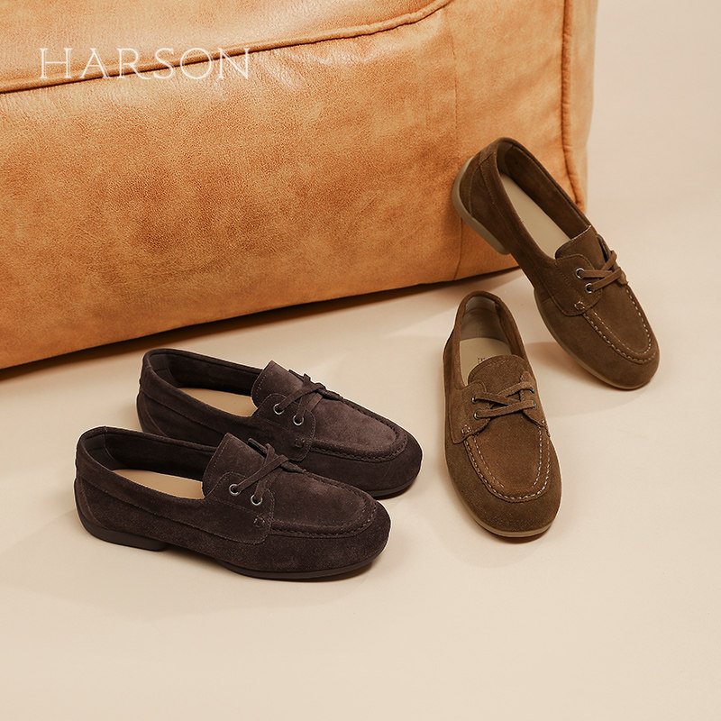 哈森时尚复古圆头平跟乐福鞋女百搭系带软底单鞋工作鞋HS25251