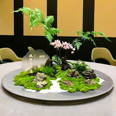 酒店大圆桌e新中式转盘中间摆花圆形微缩景观桌花餐桌摆台装饰摆