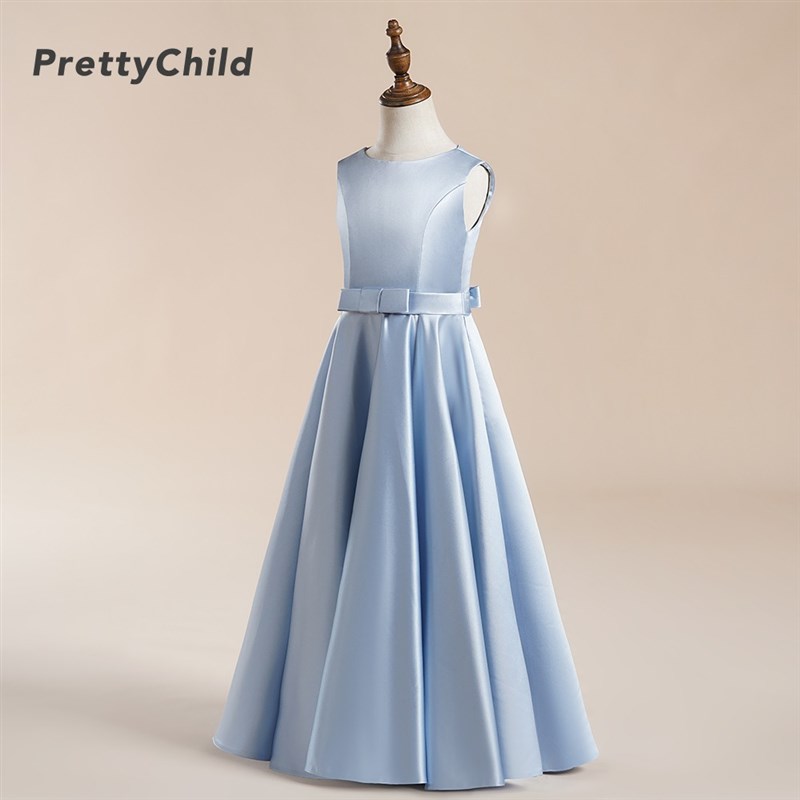 女童小提琴演出中大童乐团钢琴比赛天蓝J色缎面高端晚礼服长款春