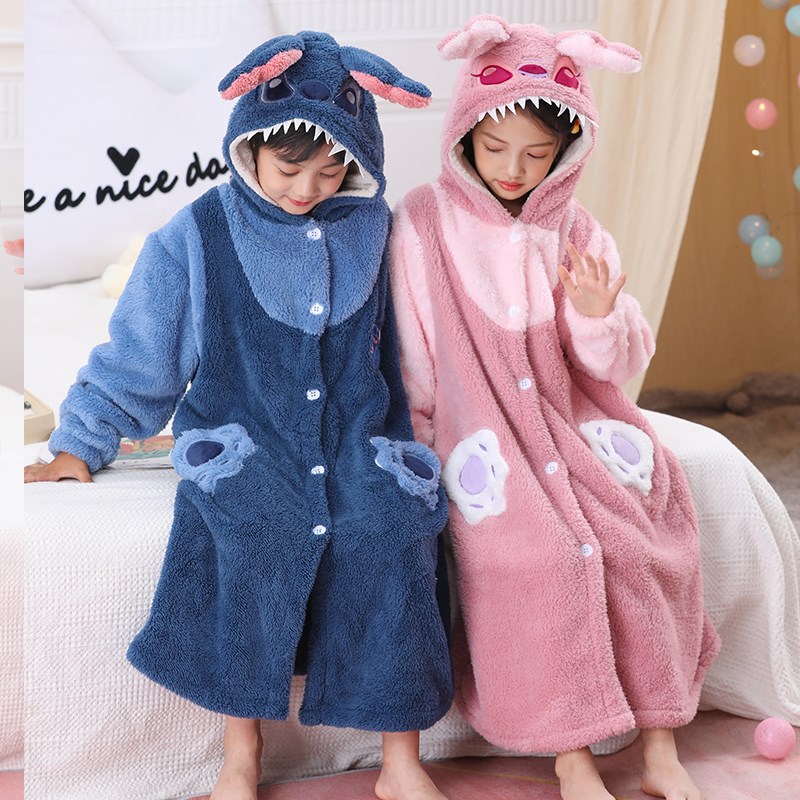 男童睡衣冬c季珊瑚绒浴袍加厚睡袍儿童法兰绒女童卡通中大童家居