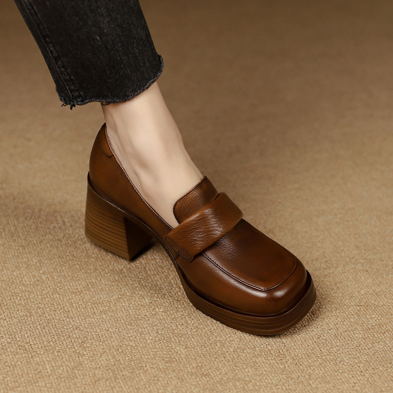 2023春新款真皮厚底圆头复古小皮D鞋女粗跟松糕底英伦擦色懒人单