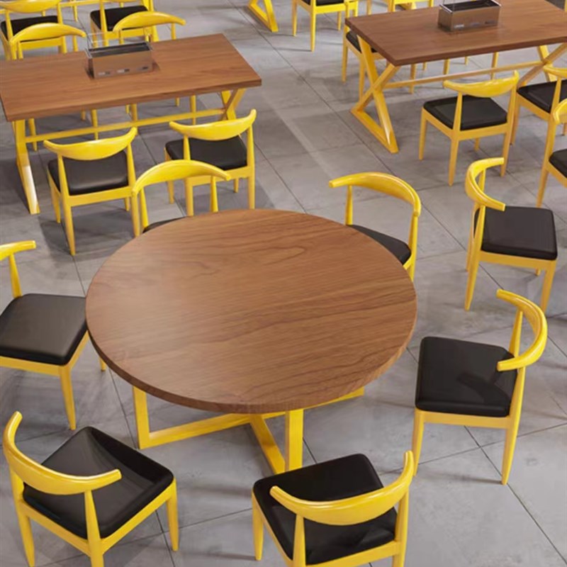 网红烧烤店c红黄蓝彩色桌子工业风大排档小吃店长方形圆桌椅商用