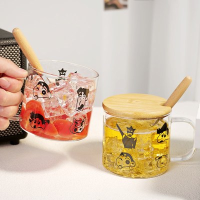 卡通玻璃早餐杯带盖带勺燕麦杯家用把手喝水杯耐高温咖.啡牛奶杯