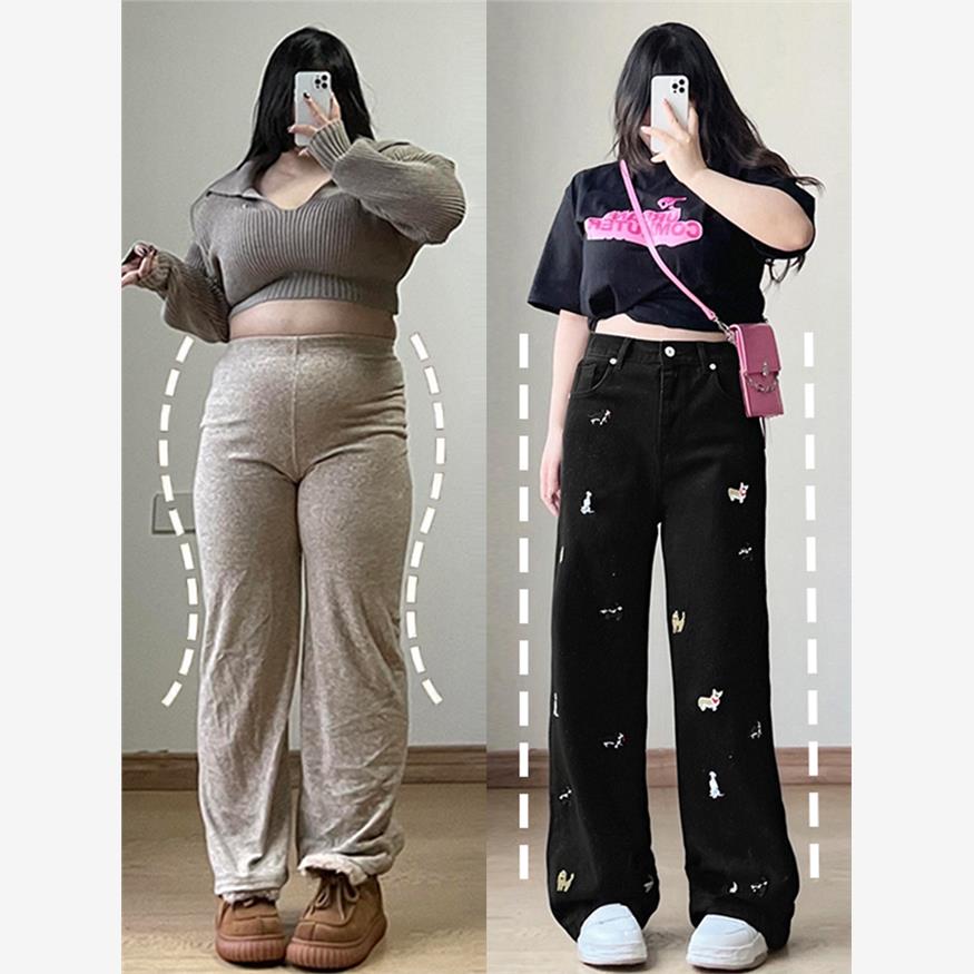 大码胖mm黑色牛仔裤女202