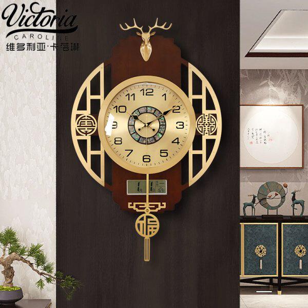 新中式黄铜挂钟家用客厅表挂墙创意装饰时钟玄关中国风静音石英钟