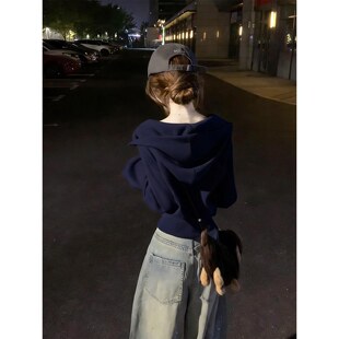 藏青色短款卫衣外套女款春秋季2026新款收腰修身上衣初春韩系穿搭