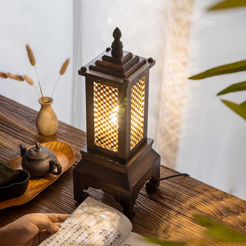 泰国古风禅意插电台灯复古卧室床头灯创意实木竹编书房装饰小夜灯