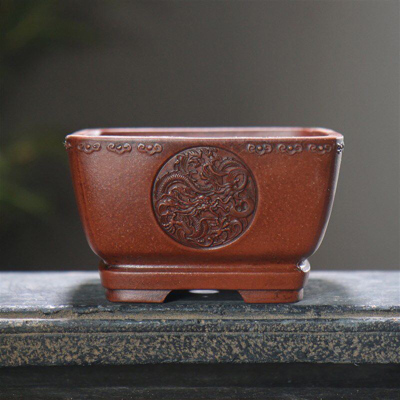 桌面盆栽正方形盆景盆紫砂花盆图腾刻绘仿古古典四方觅陶乡菖蒲盆