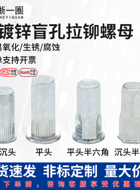 铁镀锌盲孔拉铆螺母防水封闭口拉铆母平头小沉头半六角拉卯拉帽