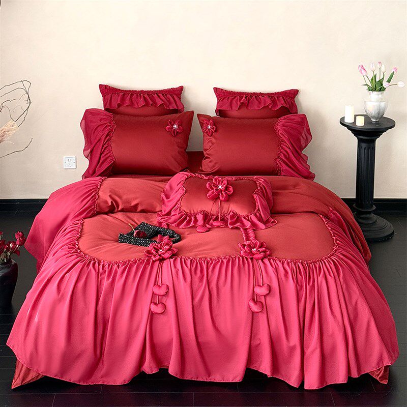 法式浪漫立体花朵婚庆四件套全棉春夏雪纺花边红色结婚被套床单