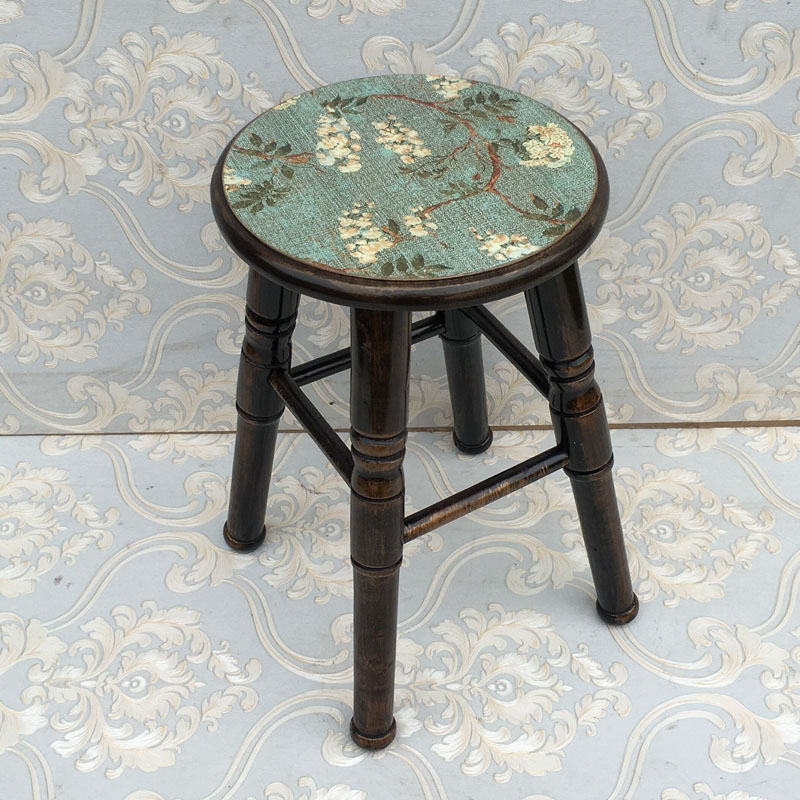 美式乡村实木凳子43高 圆餐凳白色田园 换鞋凳电脑休闲凳日式