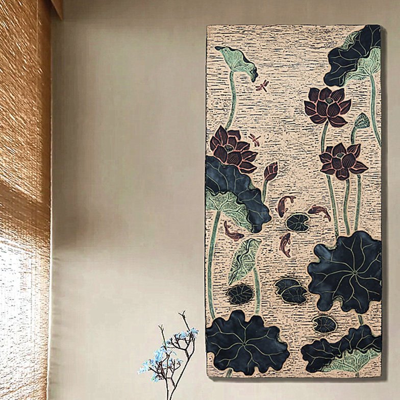 中式复古荷花装饰画轻奢餐厅背景墙植物挂画立体走廊过道客厅壁画