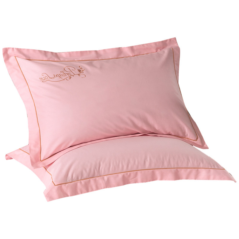 枕套纯棉加厚全棉一对装简约北欧粉色纯色60支长绒棉刺绣枕头套