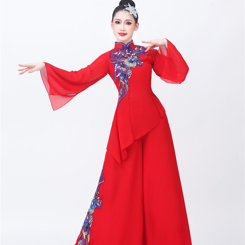 广场舞古典秧歌舞服女腰鼓打鼓表演服祖国你好同款中国红演出服装