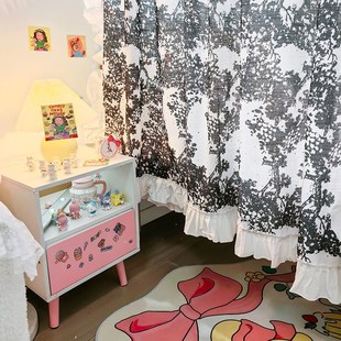 卧室床隔断帘国风木耳花边布艺窗帘透气透光不透人民宿床幔家用