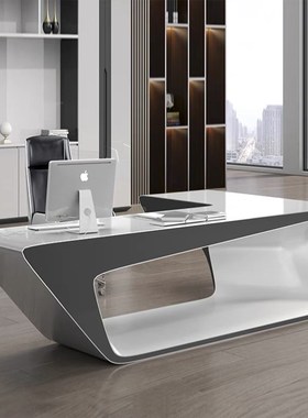 白色烤漆老板桌时尚简约大班台总裁经理主管办公桌科技感桌椅组合