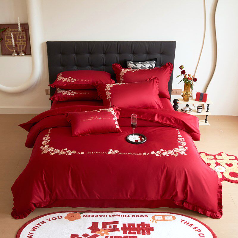 简约刺绣花玫瑰结婚庆全棉四件套100S纯棉红陪嫁娶床上喜被套