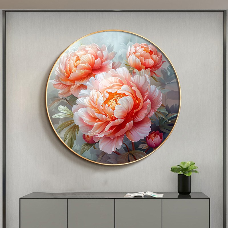 花开富贵牡丹图挂画入户玄关圆形装饰画新中式客厅卧室墙花卉壁画图片