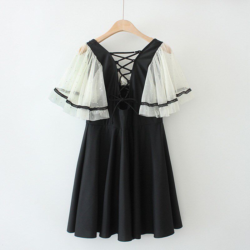 码裙式连体泳衣女网纱拼接后背绑带短袖度假温泉泳装