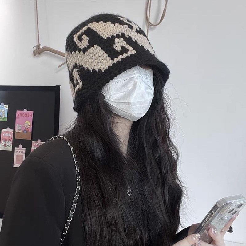 纯手工美式潮流百搭编织提花秋冬毛线帽女日常出游水桶针织盆帽男