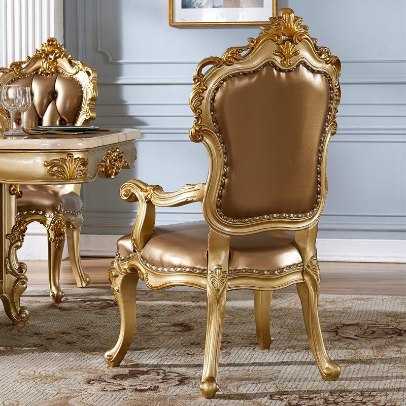 欧式餐椅 美式宫廷豪华香槟金全实木皮椅双面雕花家用餐椅书桌椅