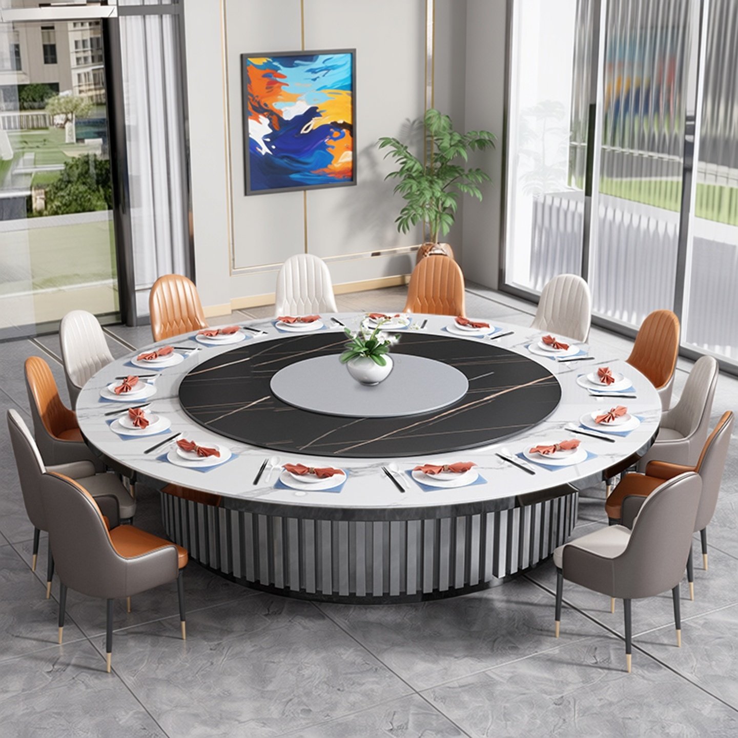 现代酒店岩板电动餐桌大圆桌意式轻奢饭店包厢16人20大理石宴会桌