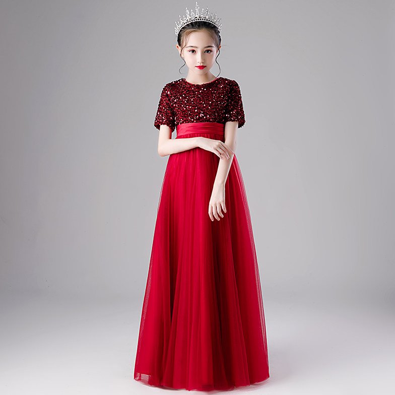 儿童礼服公主裙高端钢琴演奏演出服女童红色长款舞台表演花童走秀