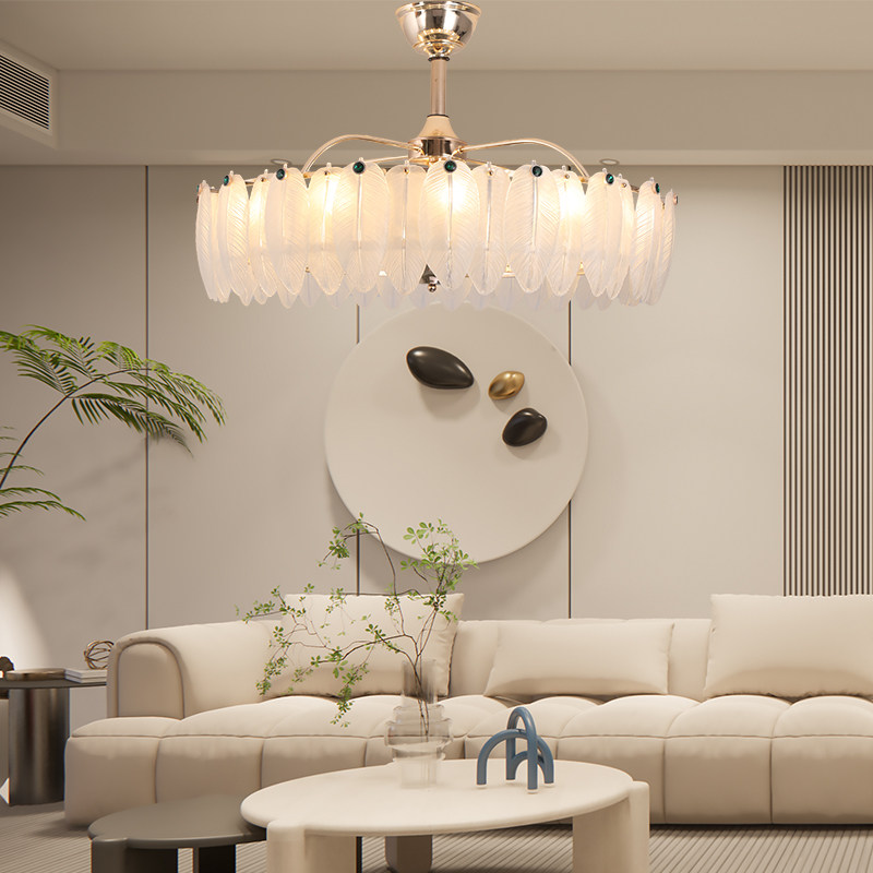 羽毛轻奢餐厅风扇吊灯内外双t层+变频铜电机+遥控+智能语音+6 档