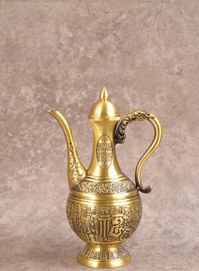 宏达 全黄铜浮雕百酒壶 轻奢铜酒G壶家居装饰品铜百酒壶摆件