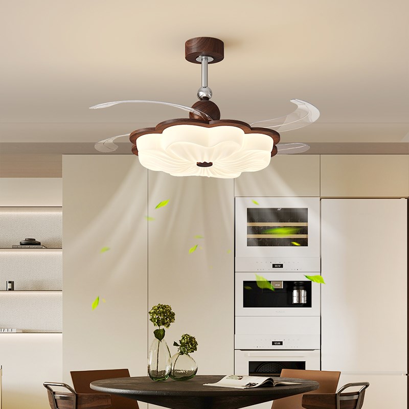 风扇灯北欧温馨创意奶油花朵中古风隐形电L扇灯复古胡桃木纹餐厅