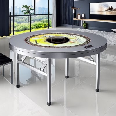 不锈钢转盘圆桌火锅桌加厚内置彩图可折叠餐桌打边炉桌子送电磁炉