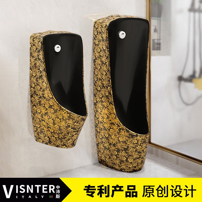 黑色家用落地陶瓷小便器男士挂墙式小便池一体自动感应酒店小便斗