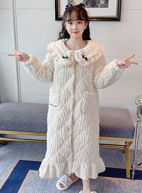 儿童睡袍冬季三层夹棉睡衣法兰绒加厚小孩女童米白保暖珊瑚绒浴袍
