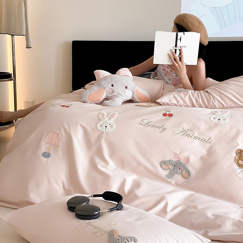 100S全棉磨毛卡通小象毛巾绣四件套可爱儿童被套床单纯棉卧室床品