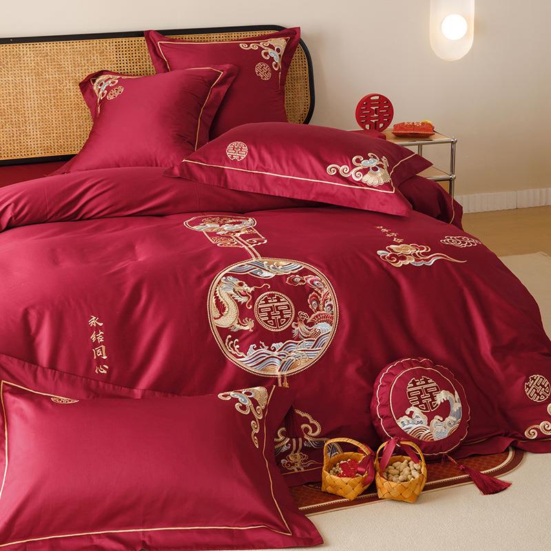新中式婚庆龙凤100支刺绣四件套长绒棉全棉陪嫁娶红色结婚喜被套