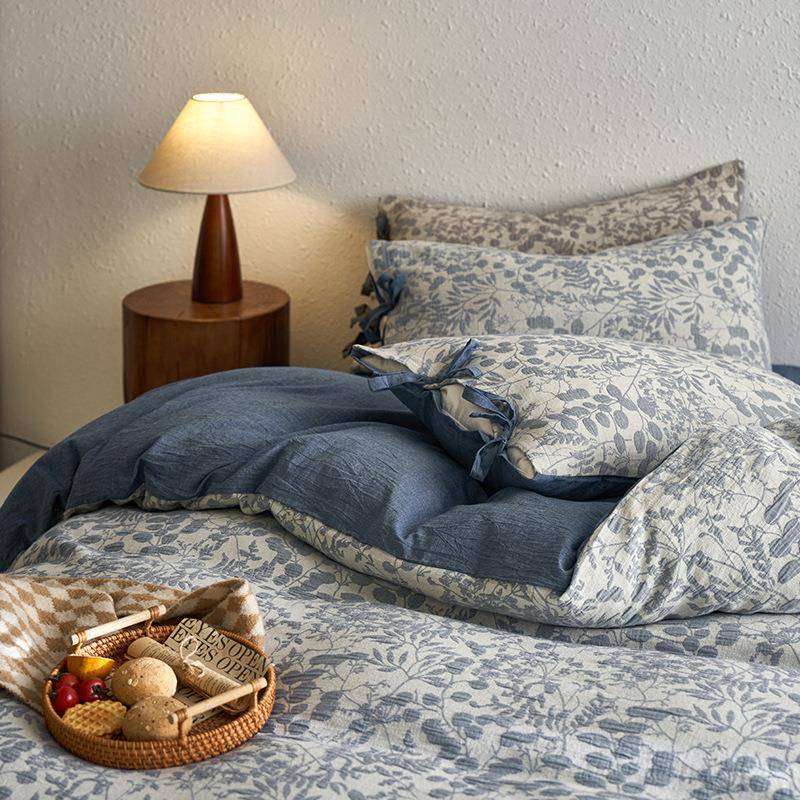 轻奢风双层纱大提花田园全棉床上四件套纯棉家用床单被套床笠床品