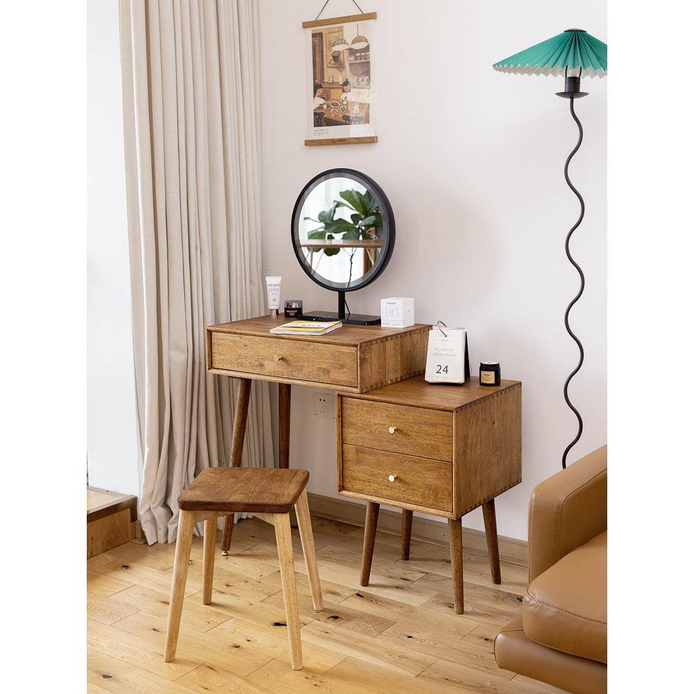 0J浅胡桃色实木梳妆台小户型卧室原木化妆台斗柜一体多功能小梳妆