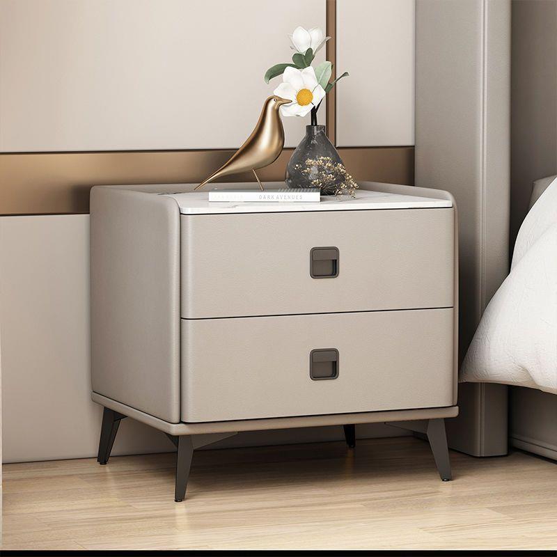 高级现代简约床头柜卧室家用意式实木皮整装软包轻奢风床边小柜子