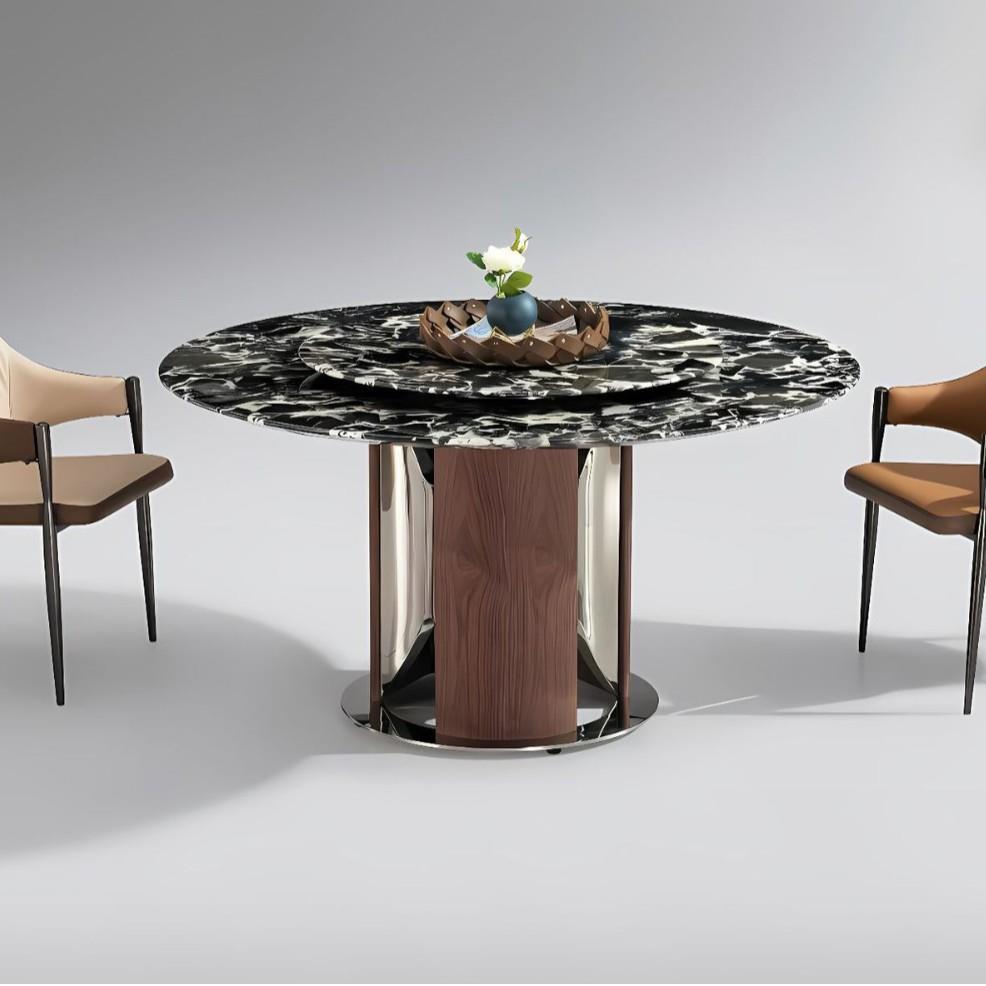 轻奢简约家用餐桌可伸缩高级感旋转变形岩板圆桌小户型不锈钢饭桌