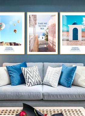 客厅装饰画现代简约蓝色地中海挂画样板房装修组合壁画竖版挂墙画